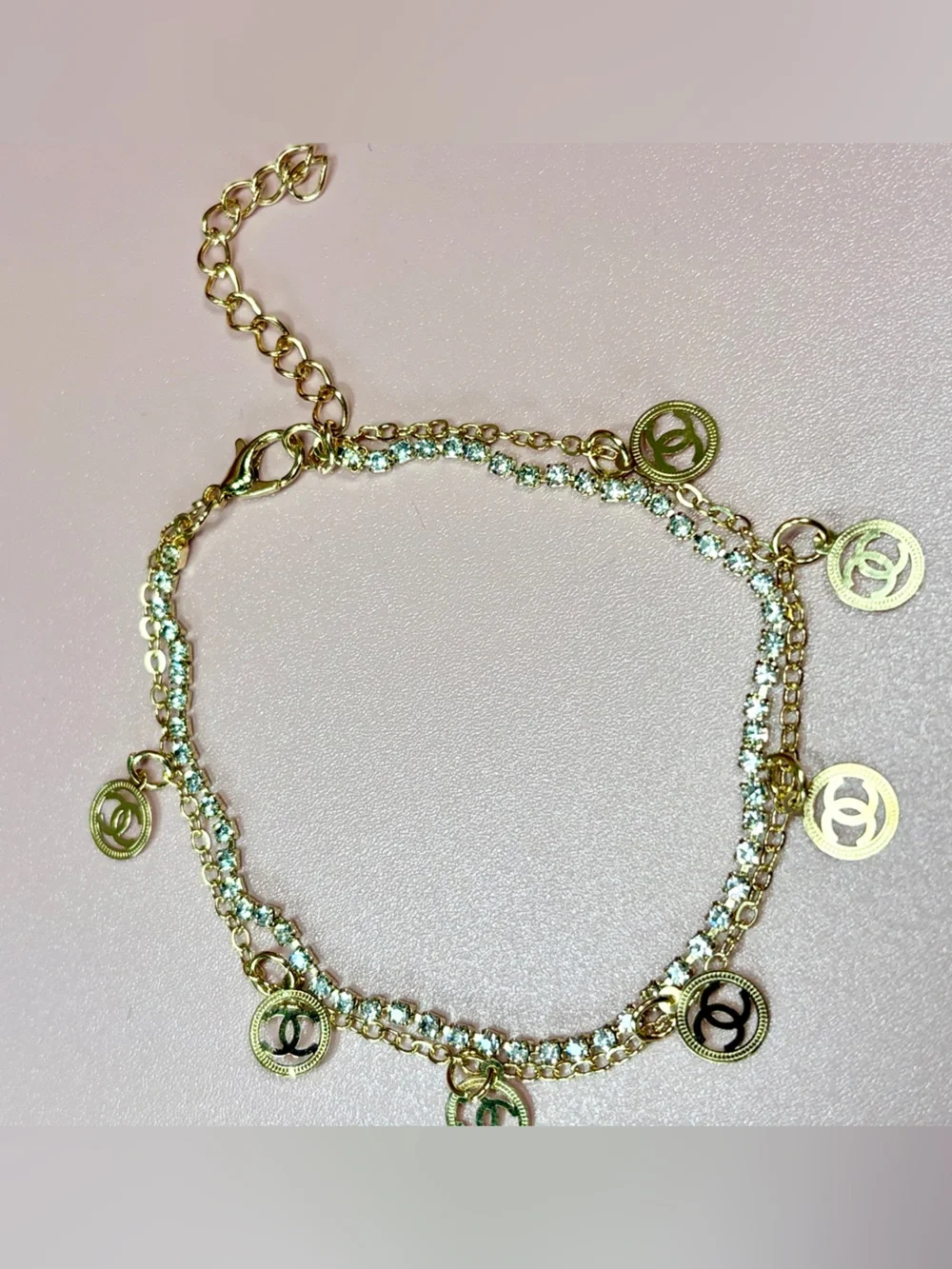Shiny Gold-Tone Charm Anklet with Clear Crystal Accents
